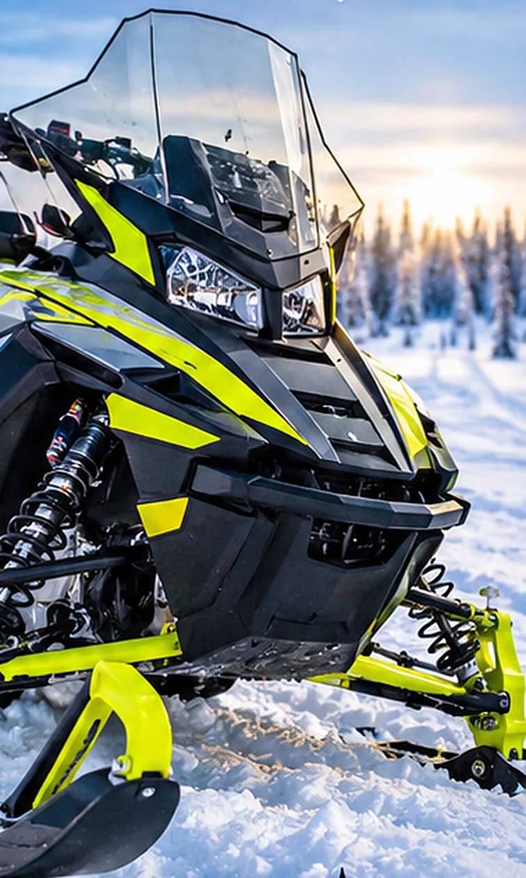 Snowmobile parked in fresh snow at sunset, ready for preseason service