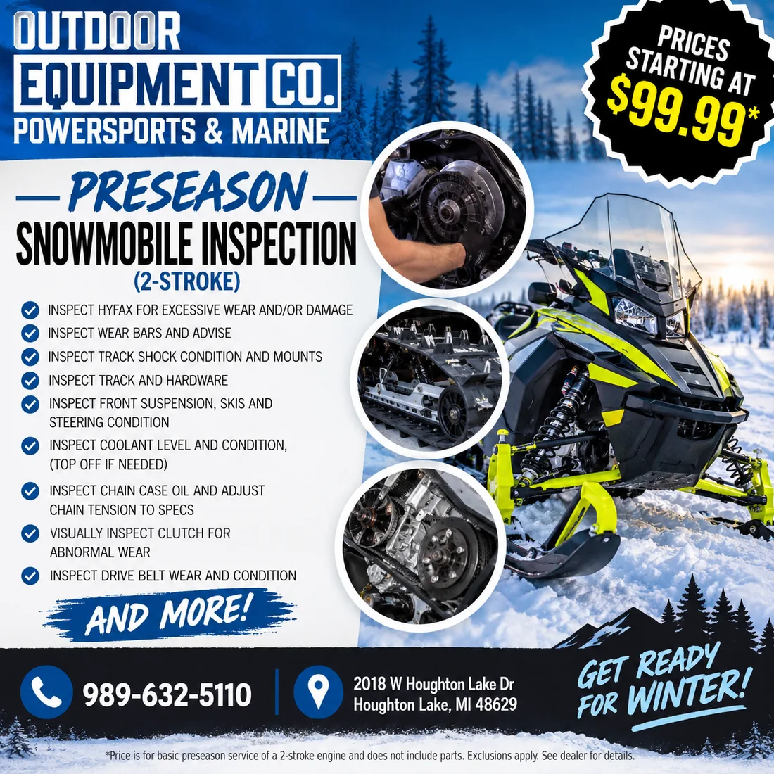 Outdoor Equipment Co. preseason snowmobile inspection offer — 2-stroke service starting at $99.99, Houghton Lake, MI